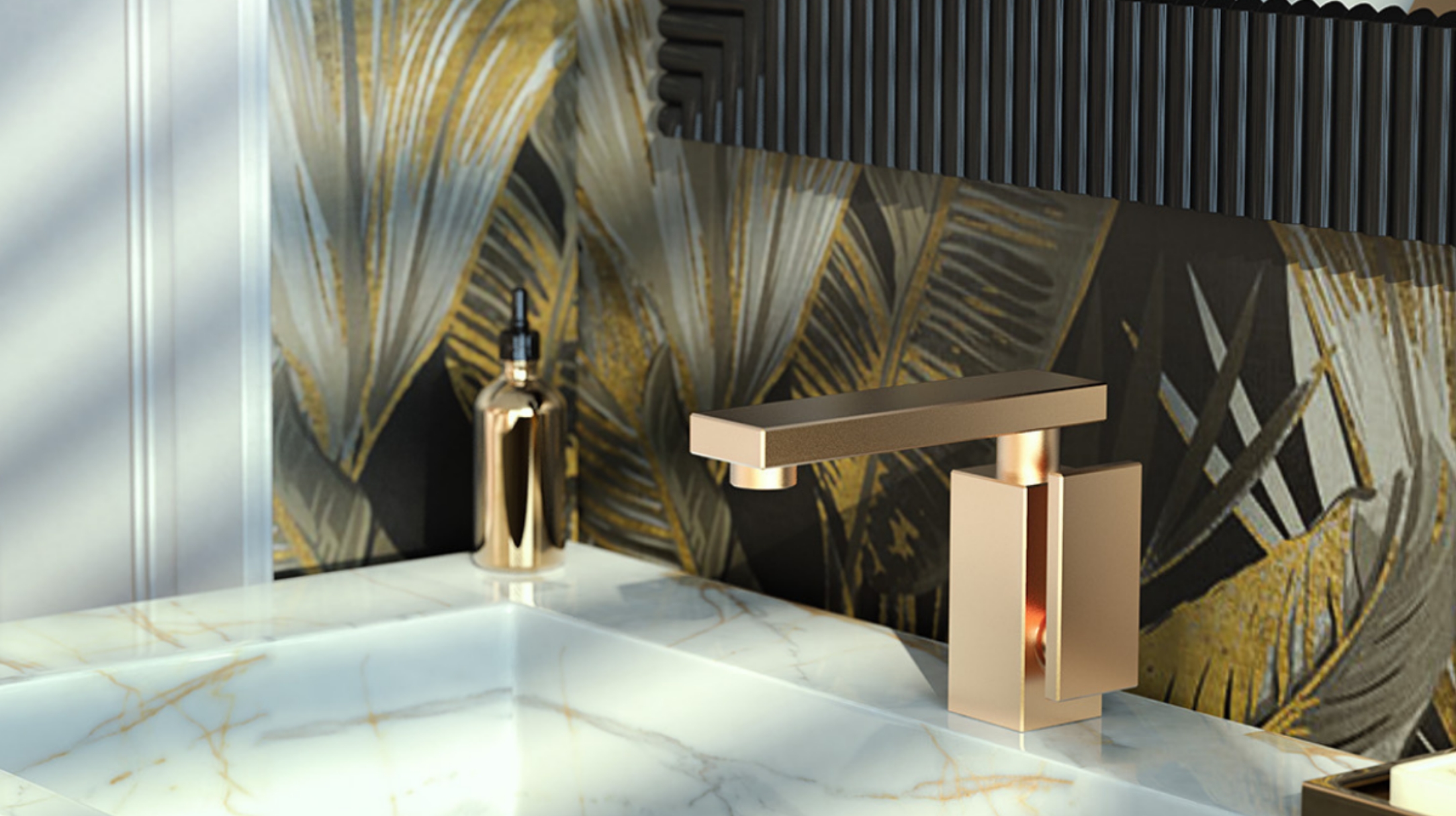 Tropical-themed bathroom with modern sink faucet