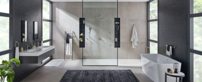Modern bathroom with sinks, tub and walk-in shower
