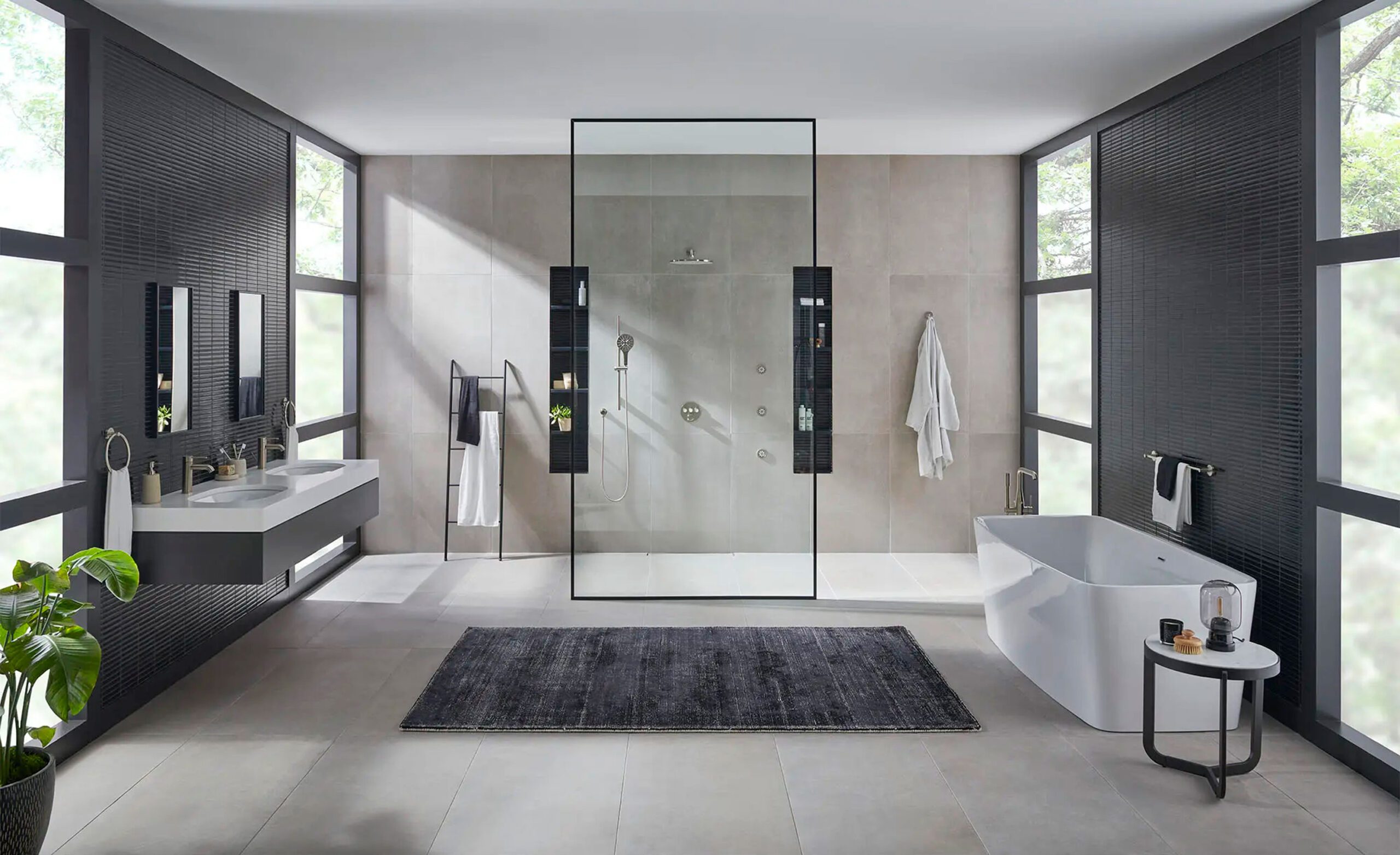 Bath-Kitchen-Showrooms_Bathroom_Horizontal Modern bathroom with sinks, tub and walk-in shower