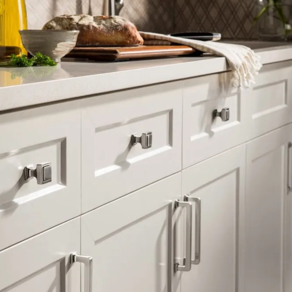 Modern kitchen cabinets with white countertops